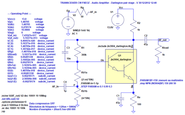 Figure 13: Amplificateur audio - Etage Darlington - Simulation LTspice en régime variable - Amplification en tension en charge